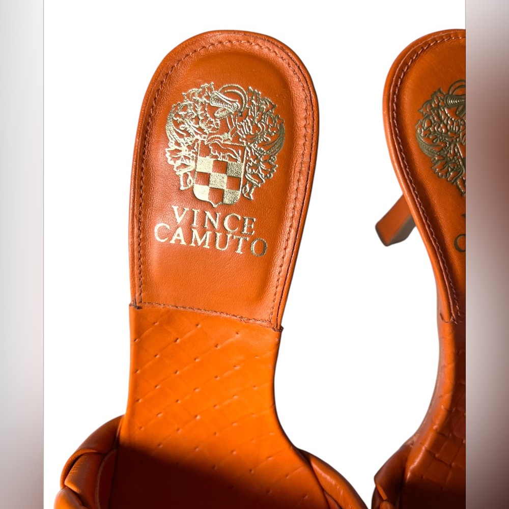 Vince Camuto Brelanie Orange Leather Woven Strap Dress Mule Heeled Sandal Size 8 - Picture 10 of 13